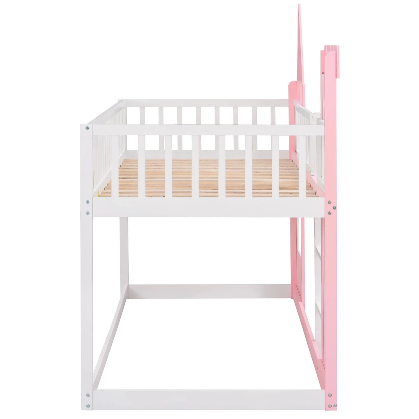 This pink castle bed is perfect for up-leveling your child's bedroom. Its delicate and gorgeous pattern design adds an artistic atmosphere to your home while providing a fun and safe environment for your child to explore their imagination. This bunk bed has guardrails and a safe ladder, so your little one can easily get in and out of bed.