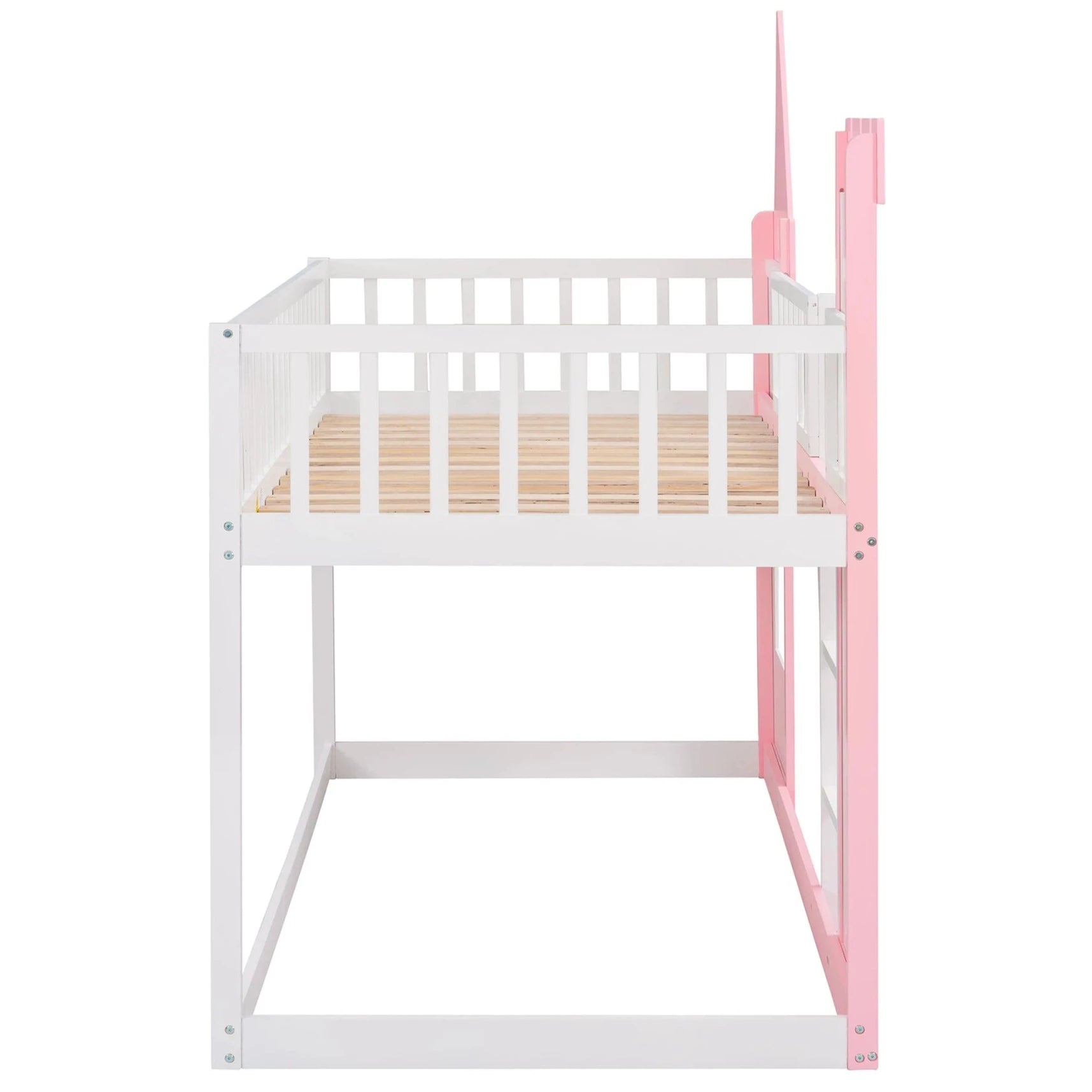 This pink castle bed is perfect for up-leveling your child's bedroom. Its delicate and gorgeous pattern design adds an artistic atmosphere to your home while providing a fun and safe environment for your child to explore their imagination. This bunk bed has guardrails and a safe ladder, so your little one can easily get in and out of bed.