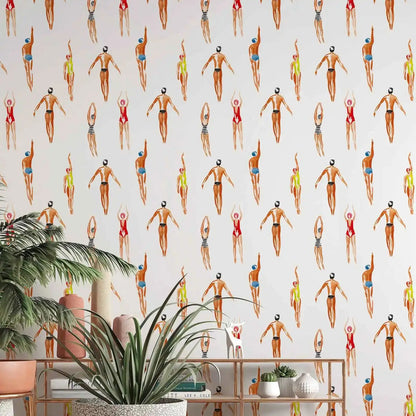 Indulge in the enchantment of our swimmers wallpaper, perfect for your child's bedroom or playroom. This waterproof, moisture-proof, mold-proof, and sound-absorbing design offers both durability and functionality, making it a luxurious and essential addition to any room.
