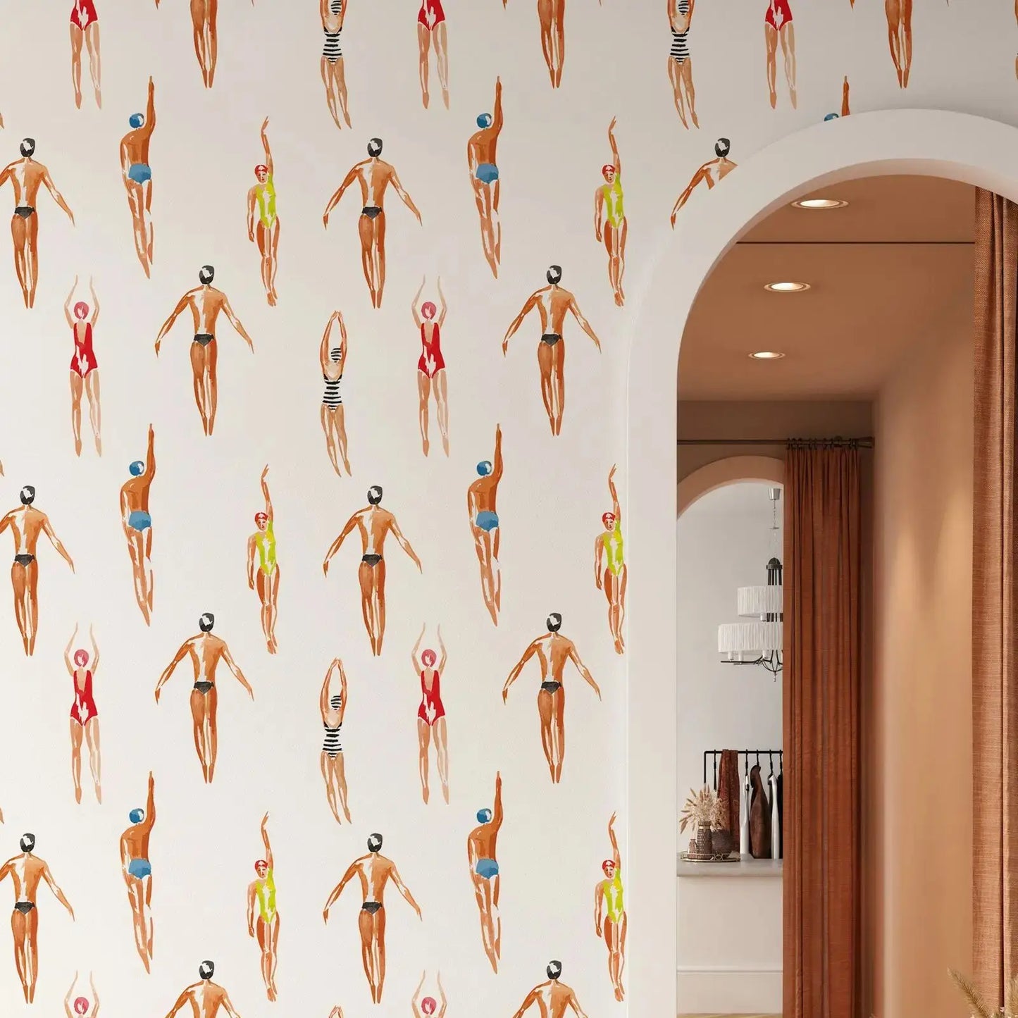 Indulge in the enchantment of our swimmers wallpaper, perfect for your child's bedroom or playroom. This waterproof, moisture-proof, mold-proof, and sound-absorbing design offers both durability and functionality, making it a luxurious and essential addition to any room.