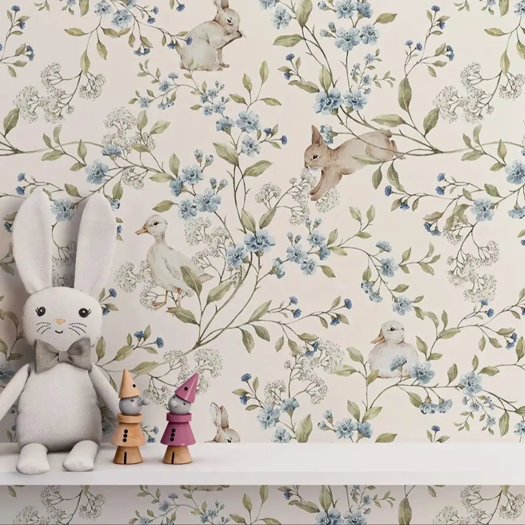 Spruce up your kid's bedroom or playroom with the enchantment of our beige and blue bunny wallpaper. Make an invigorating and charming area that sparks joy and wonder with this unique addition!