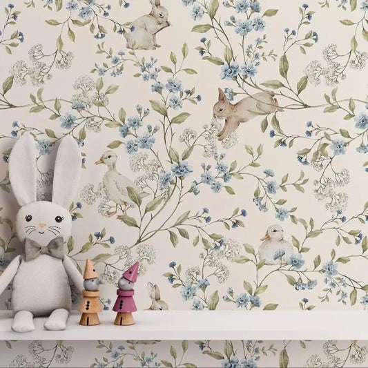 Spruce up your kid's bedroom or playroom with the enchantment of our beige and blue bunny wallpaper. Make an invigorating and charming area that sparks joy and wonder with this unique addition!