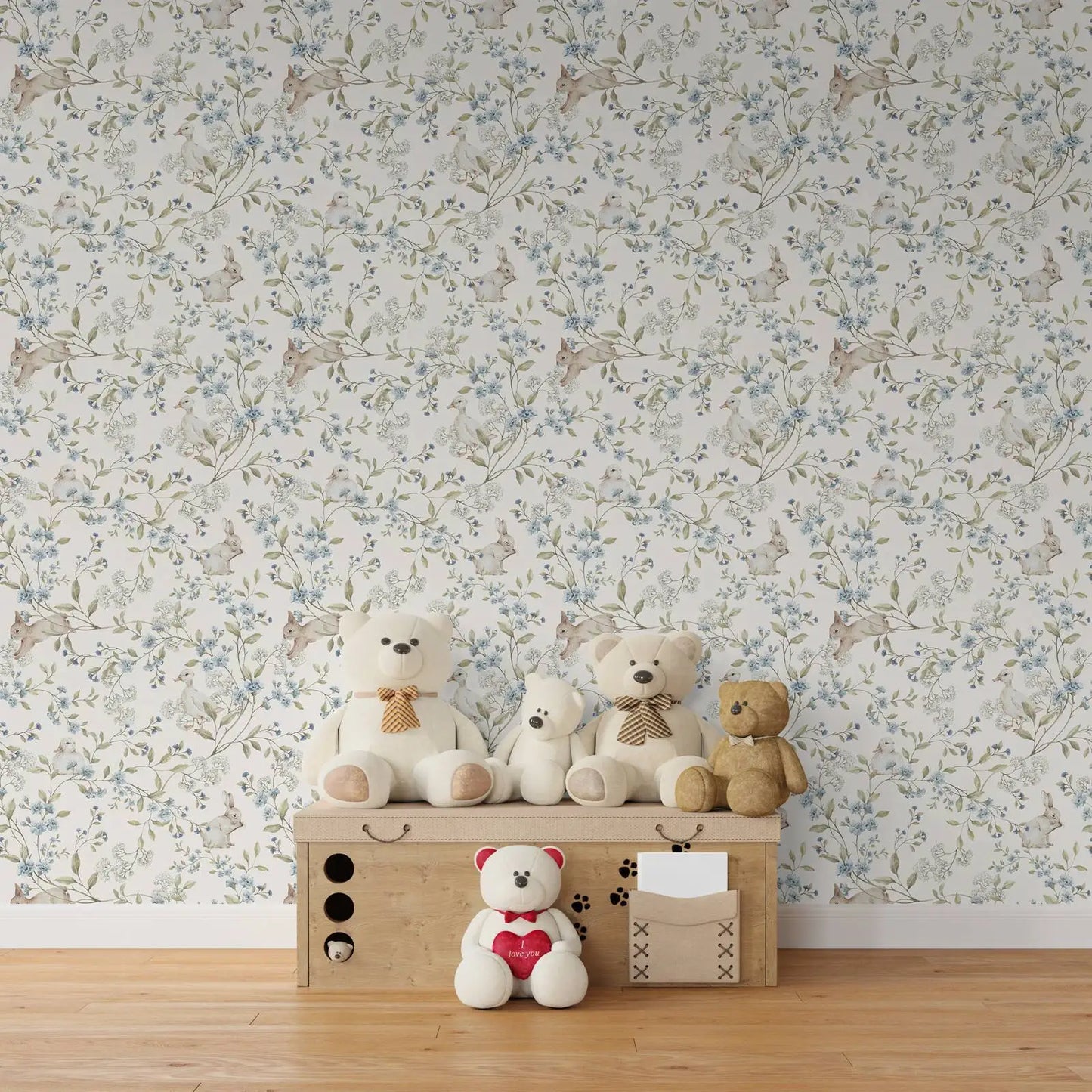 Spruce up your kid's bedroom or playroom with the enchantment of our beige and blue bunny wallpaper. Make an invigorating and charming area that sparks joy and wonder with this unique addition!