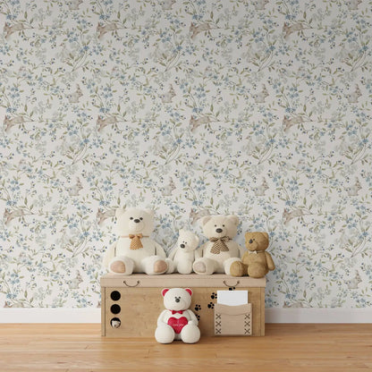 Spruce up your kid's bedroom or playroom with the enchantment of our beige and blue bunny wallpaper. Make an invigorating and charming area that sparks joy and wonder with this unique addition!