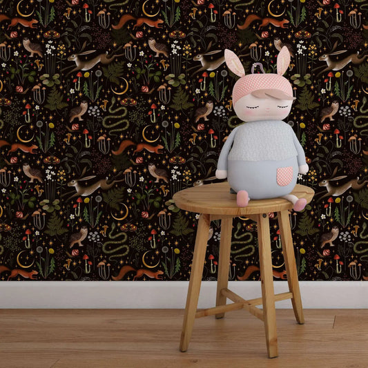 Indulge in the fun of our vintage forest friends black wallpaper, perfect for your kid's bedroom or playroom. This pattern is waterproof, moisture-resistant, mold-resistant, and sound-absorbing, offering both durability and functionality. It's a fancy and essential addition to any room, guaranteeing a lavish and practical space.