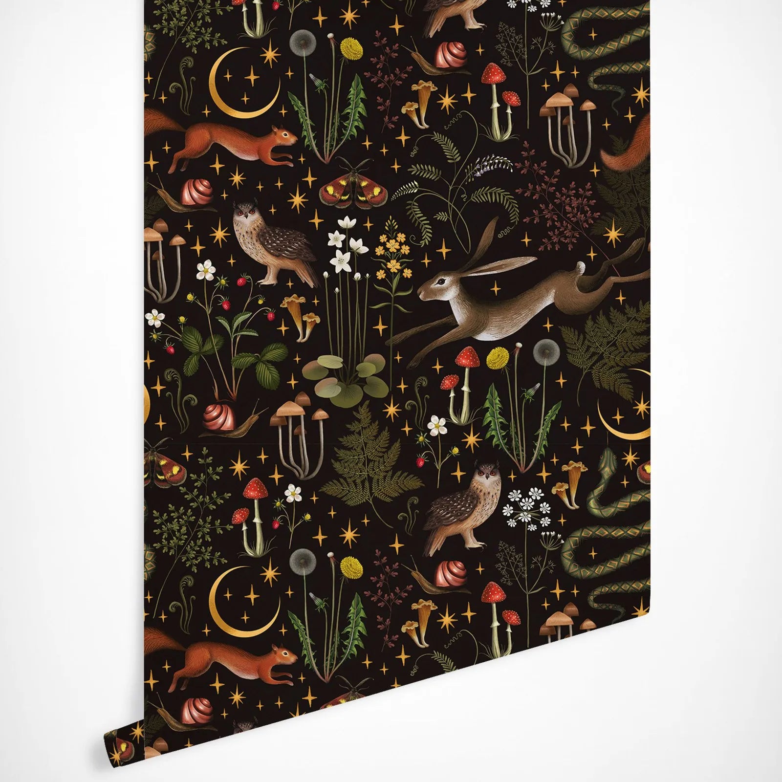 Indulge in the fun of our vintage forest friends black wallpaper, perfect for your kid's bedroom or playroom. This pattern is waterproof, moisture-resistant, mold-resistant, and sound-absorbing, offering both durability and functionality. It's a fancy and essential addition to any room, guaranteeing a lavish and practical space.