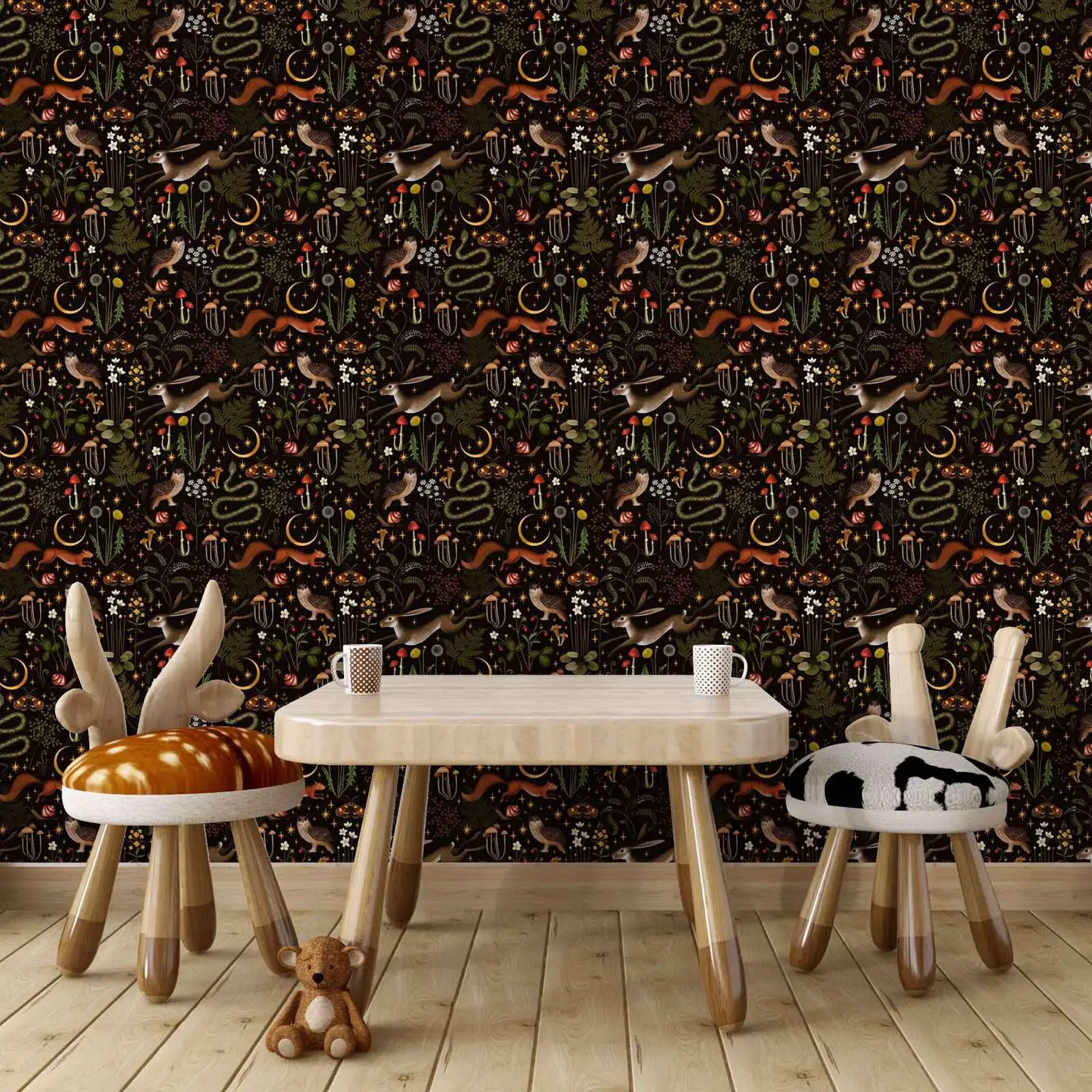 Indulge in the fun of our vintage forest friends black wallpaper, perfect for your kid's bedroom or playroom. This pattern is waterproof, moisture-resistant, mold-resistant, and sound-absorbing, offering both durability and functionality. It's a fancy and essential addition to any room, guaranteeing a lavish and practical space.