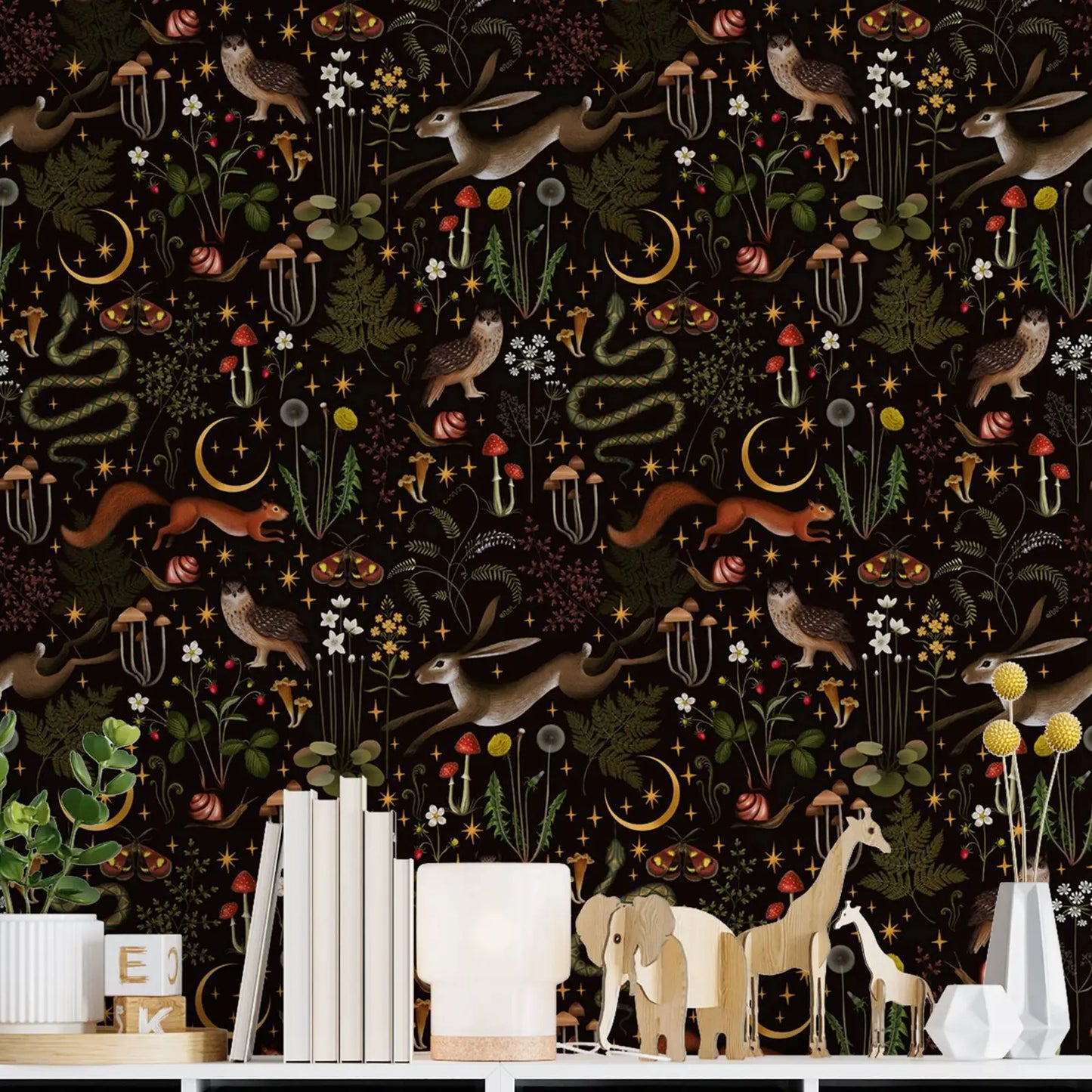 Indulge in the fun of our vintage forest friends black wallpaper, perfect for your kid's bedroom or playroom. This pattern is waterproof, moisture-resistant, mold-resistant, and sound-absorbing, offering both durability and functionality. It's a fancy and essential addition to any room, guaranteeing a lavish and practical space.