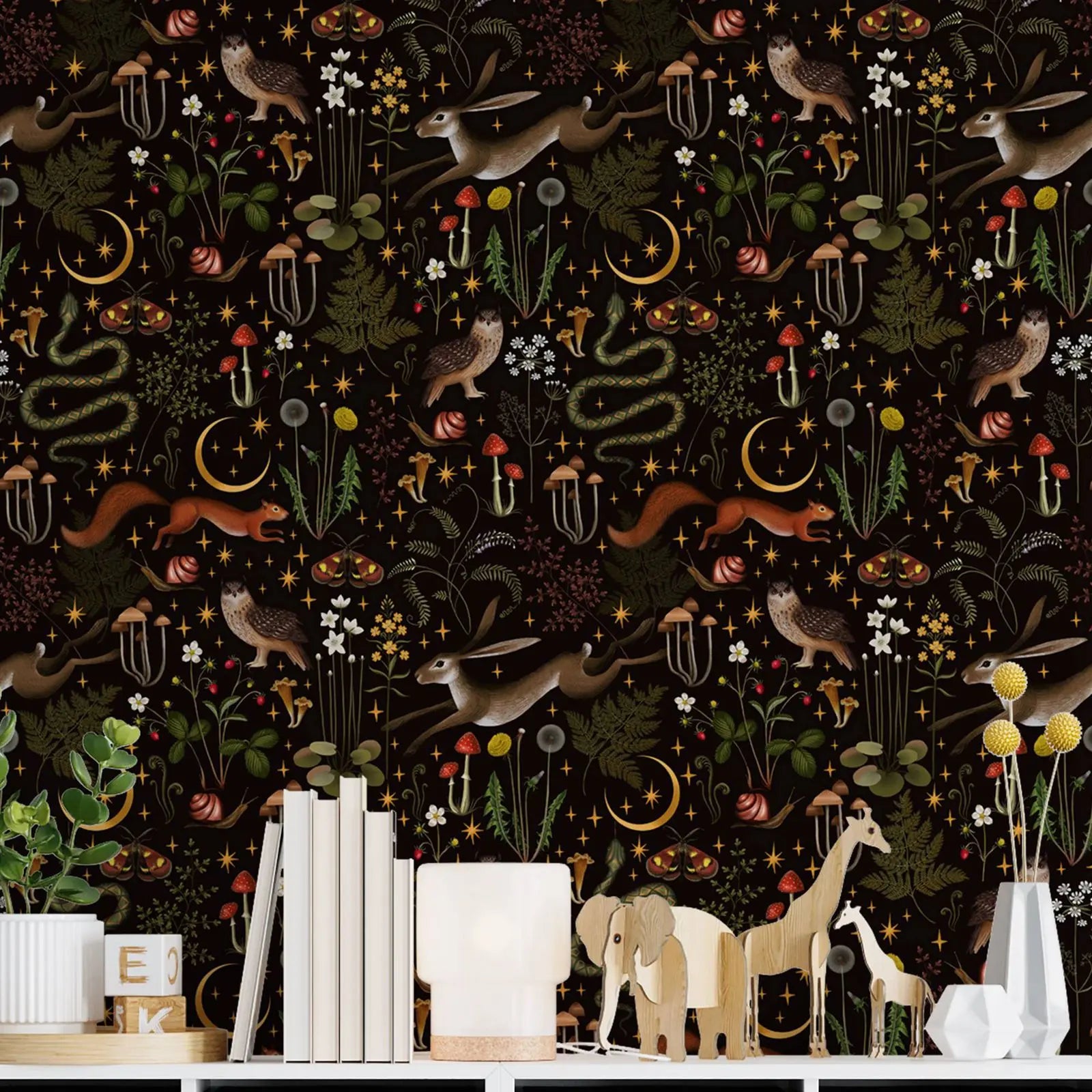 Indulge in the fun of our vintage forest friends black wallpaper, perfect for your kid's bedroom or playroom. This pattern is waterproof, moisture-resistant, mold-resistant, and sound-absorbing, offering both durability and functionality. It's a fancy and essential addition to any room, guaranteeing a lavish and practical space.