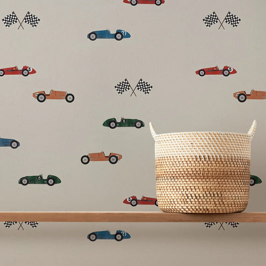 Discover the enchantment of our antique race car wallpaper in your child's bedroom or playroom. It is waterproof, moisture-proof, mold-proof, and provides sound absorption, making it a long-lasting and practical addition to any room.
