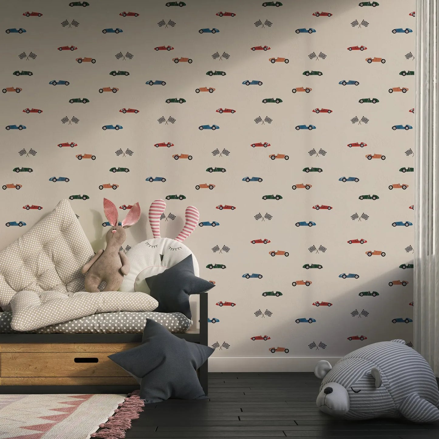 Discover the enchantment of our antique race car wallpaper in your child's bedroom or playroom. It is waterproof, moisture-proof, mold-proof, and provides sound absorption, making it a long-lasting and practical addition to any room.
