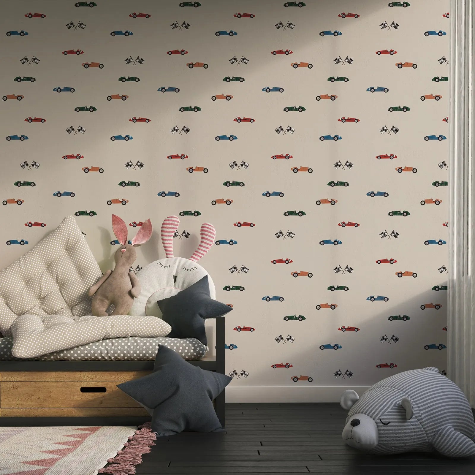 Discover the enchantment of our antique race car wallpaper in your child's bedroom or playroom. It is waterproof, moisture-proof, mold-proof, and provides sound absorption, making it a long-lasting and practical addition to any room.