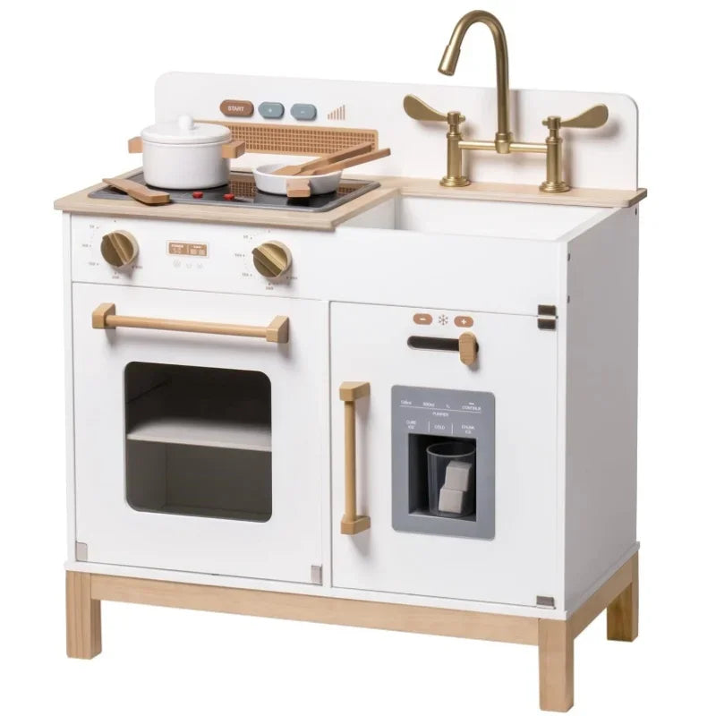 Enter the enchanting world of cooking with our play kitchen that goes beyond the basics. With genuine lights and sounds, the stove provides a captivating culinary experience for your little one. Just imagine their delight as they imitate real-life kitchen tasks, complete with crackling noises and lifelike lighting. Our kitchen stands out with its combination of fun and authenticity, transforming every playtime into a wondrous journey! Available in white and blue..