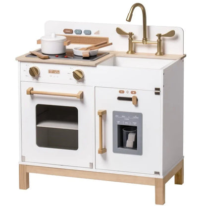 Enter the enchanting world of cooking with our play kitchen that goes beyond the basics. With genuine lights and sounds, the stove provides a captivating culinary experience for your little one. Just imagine their delight as they imitate real-life kitchen tasks, complete with crackling noises and lifelike lighting. Our kitchen stands out with its combination of fun and authenticity, transforming every playtime into a wondrous journey! Available in white and blue..