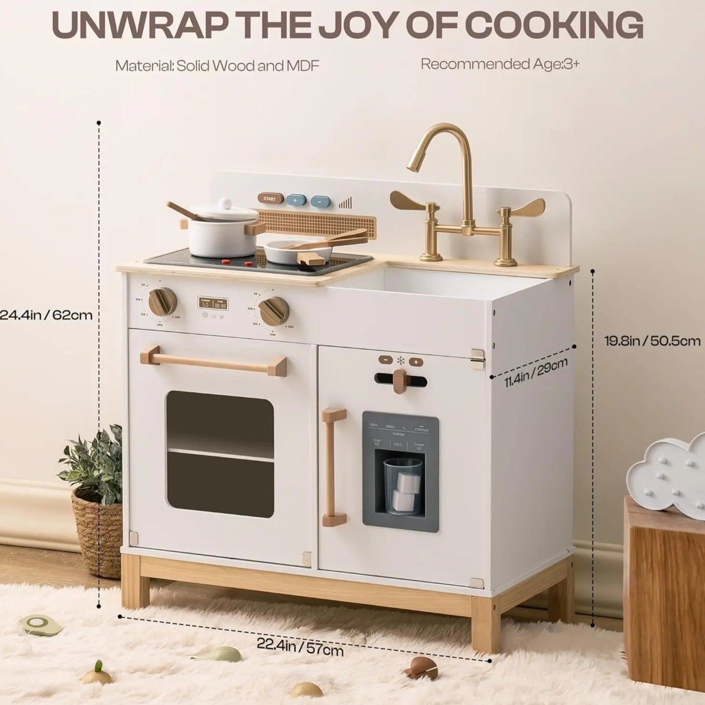 Enter the enchanting world of cooking with our play kitchen that goes beyond the basics. With genuine lights and sounds, the stove provides a captivating culinary experience for your little one. Just imagine their delight as they imitate real-life kitchen tasks, complete with crackling noises and lifelike lighting. Our kitchen stands out with its combination of fun and authenticity, transforming every playtime into a wondrous journey! Available in white and blue..