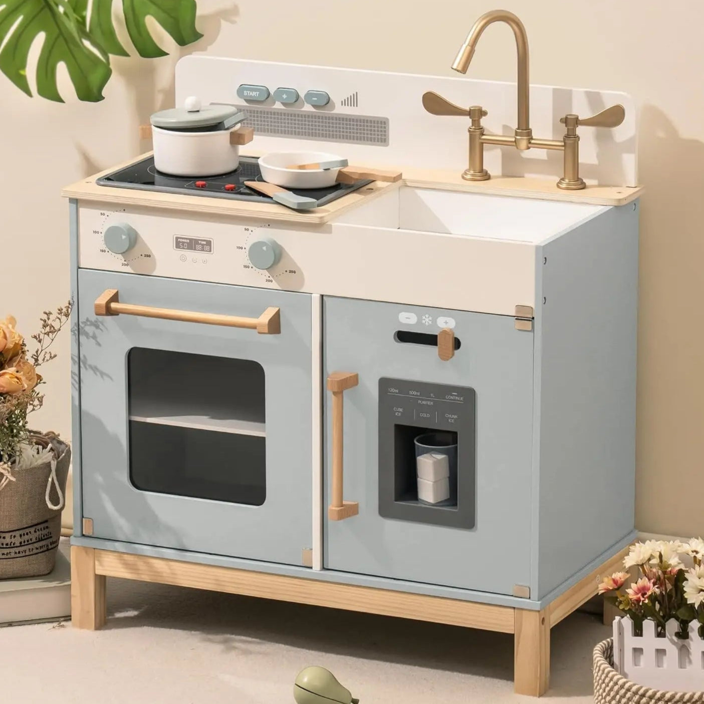 Enter the enchanting world of cooking with our play kitchen that goes beyond the basics. With genuine lights and sounds, the stove provides a captivating culinary experience for your little one. Just imagine their delight as they imitate real-life kitchen tasks, complete with crackling noises and lifelike lighting. Our kitchen stands out with its combination of fun and authenticity, transforming every playtime into a wondrous journey! Available in white and blue..