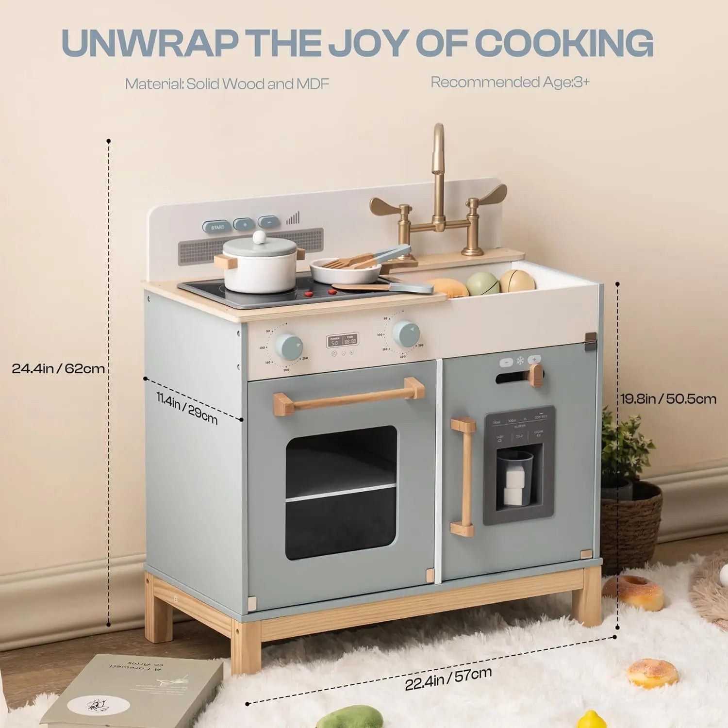 Enter the enchanting world of cooking with our play kitchen that goes beyond the basics. With genuine lights and sounds, the stove provides a captivating culinary experience for your little one. Just imagine their delight as they imitate real-life kitchen tasks, complete with crackling noises and lifelike lighting. Our kitchen stands out with its combination of fun and authenticity, transforming every playtime into a wondrous journey! Available in white and blue..