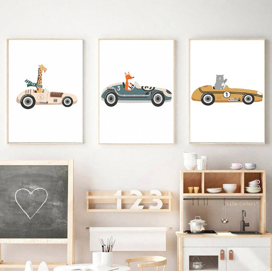 Playful animal racers zoom across canvas art, bringing vibrant energy to your child's bedroom or playroom. Perfect for kids and teens who love a dash of fun on their walls!