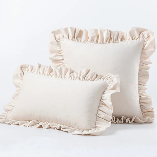 Elevate the look of your child's bedroom or playroom with a dash of originality and a hint of offbeat flair with this one-of-a-kind beige ruffled throw pillow cover. Made from plush velvet, this decor piece offers a blend of indulgent comfort and chic design. Infuse your room with a warm and fashionable transformation by adding this standout accessory.