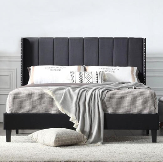 Transform your kid's bedroom into a stylish haven with this sophisticated Upholstered Black Platform Bed Frame. Featuring a sturdy construction, easy assembly, and luxurious pattern stitching, this bed will stand the test of time. Enjoy a restful sleep thanks to the interior steel framework and dense foam padding for comfort and longevity. Get ready for your bedroom makeover!  Full Size Dimensions 78"L x 59"W x  46.50"H: Weight (lbs) 65.00.