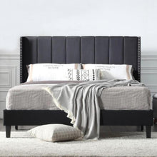 Load image into Gallery viewer, Transform your kid&#39;s bedroom into a stylish haven with this sophisticated Upholstered Black Platform Bed Frame. Featuring a sturdy construction, easy assembly, and luxurious pattern stitching, this bed will stand the test of time. Enjoy a restful sleep thanks to the interior steel framework and dense foam padding for comfort and longevity. Get ready for your bedroom makeover!  Full Size Dimensions 78&quot;L x 59&quot;W x  46.50&quot;H: Weight (lbs) 65.00.
