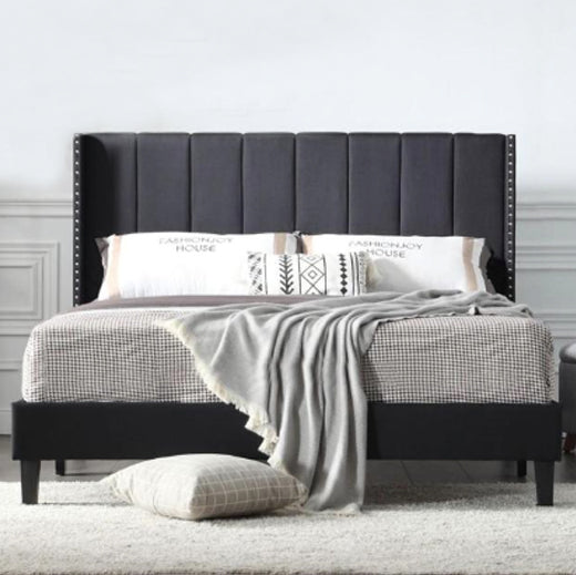 Transform your kid's bedroom into a stylish haven with this sophisticated Upholstered Black Platform Bed Frame. Featuring a sturdy construction, easy assembly, and luxurious pattern stitching, this bed will stand the test of time. Enjoy a restful sleep thanks to the interior steel framework and dense foam padding for comfort and longevity. Get ready for your bedroom makeover!  Full Size Dimensions 78