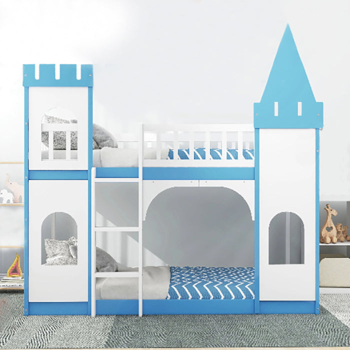 This blue castle bed is an ideal choice for any child's room. Featuring a delicate and gorgeous pattern design, its wooden structure offers a combination of practicality and style. The bunk bed offers a semi-enclosed play area, as well as guardrails and safe ladders for safe, easy access. Create a unique and artistic atmosphere for your home with this beautiful bed.