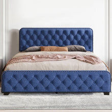 Load image into Gallery viewer, Make your bedroom the ultimate oasis with this timeless blue linen upholstered platform bed. Featuring a plush tufted headboard and footboard, breathable linen upholstery, thick built-in metal slats for anti-sagging mattress support, and four convenient storage drawers, this bed is perfect for bringing an exclusive, luxurious feel to your home. Upgrade your everyday with the perfect balance of style, comfort, and storage.
