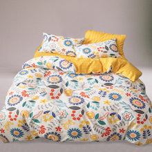 Load image into Gallery viewer, Complete your bedroom with this charming and cheerful Yellow and Blue Floral Duvet Cover Set! Made with the softest cotton fabric, this cozy set brings a pop of vivid color and playful style. Make your bedroom a peaceful haven with this beautiful bedroom set!  Material: 100% Cotton Single Duvet Cover Size: 59.05 x 78.74 inches (150cm x 200cm) Bed Sheet Size: 62.9 x 90.55 inches (160cm x 230cm) Pillowcase Size: 18.89 x 29.143 inches (48cm x 74cm)
