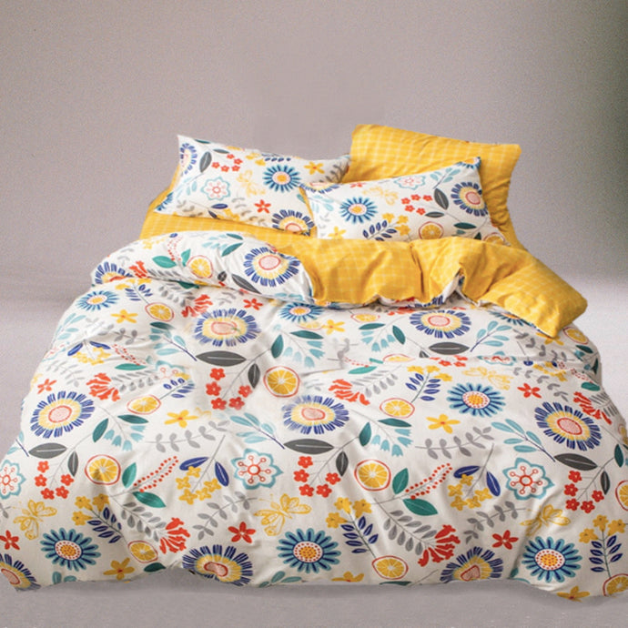 Complete your bedroom with this charming and cheerful Yellow and Blue Floral Duvet Cover Set! Made with the softest cotton fabric, this cozy set brings a pop of vivid color and playful style. Make your bedroom a peaceful haven with this beautiful bedroom set!  Material: 100% Cotton Single Duvet Cover Size: 59.05 x 78.74 inches (150cm x 200cm) Bed Sheet Size: 62.9 x 90.55 inches (160cm x 230cm) Pillowcase Size: 18.89 x 29.143 inches (48cm x 74cm)