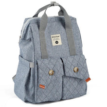 Load image into Gallery viewer, This denim blue diaper backpack, made with fashionable denim blue material, includes stroller straps and a changing pad for added convenience during travel. Perfect for your little baby!

