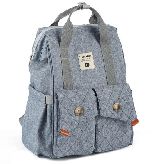 This denim blue diaper backpack, made with fashionable denim blue material, includes stroller straps and a changing pad for added convenience during travel. Perfect for your little baby!