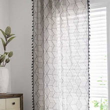 Load image into Gallery viewer, Transform any room in your home with this black and white geometric tassel curtain panel(1)! Woven from cotton and linen, this one-of-a-kind curtain adds texture and depth with its stunning tassel pattern. Choose between a grommet, pull pleated or hook hanging application for easy setup. Experience its beauty and add a unique twist to your decor now! Machine washable. Not included: Tieback, tracks and beads.
