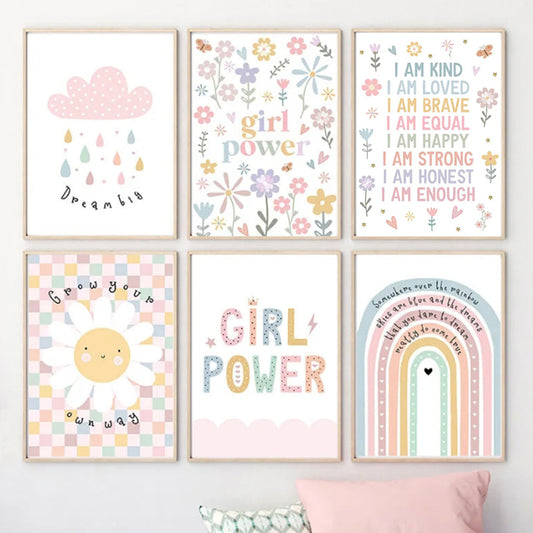 Add a touch of "Girl Power" to your child's space with these whimsical, one-of-a-kind canvas art pieces. Perfect for a bedroom or playroom, these funky works of art will surely inspire and energize your little ones. Don't settle for boring decor - let their imagination run wild!