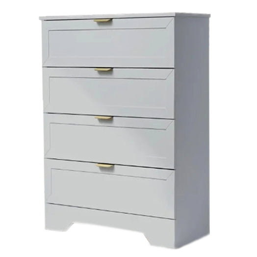 This modern grey 4-drawer dresser is constructed from strong, durable materials and features a built-in anti-topping device for extra safety. The overall environmental oil-paint gives the dresser a smooth and anti-scratch finish, as well as water resistance for long-term use. Perfect for bedrooms or living rooms.