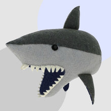 Load image into Gallery viewer, Make a splash in your kids bedroom with this cool cotton shark wall decoration! Your little one will love this 12.2 inch (31cm) marine buddy that brings a bit of ocean fun to any space. With an eye-catching design and vibrant colors, this shark is sure to be the catch of the day!
