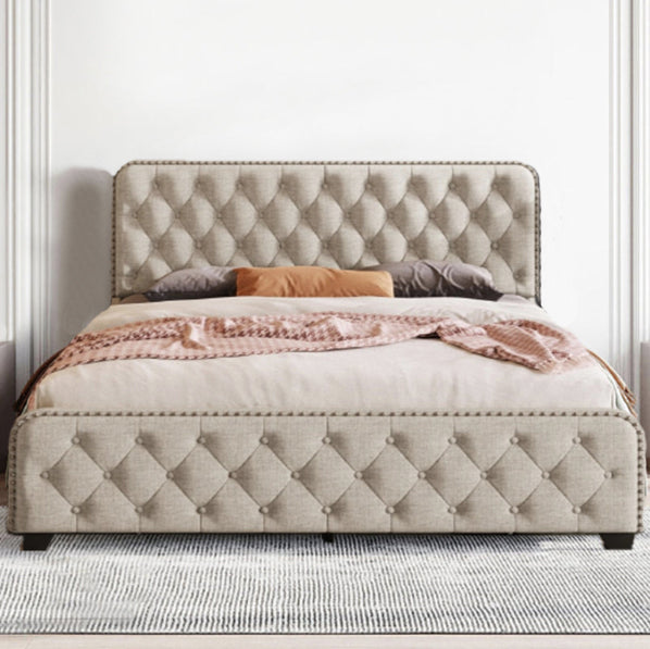 Elevate your kid's bedroom with the linen upholstered platform bed. Its taupe linen upholstery and tufted headboard and footboard bring a touch of sophistication and comfort to the room. Designed with quality and convenience in mind, this bed features 4 storage drawers for clutter-free bedrooms, and a heavy-duty metal frame with built-in slats for anti-sagging mattress support. Create a warm and inviting atmosphere with exceptional luxury and style.