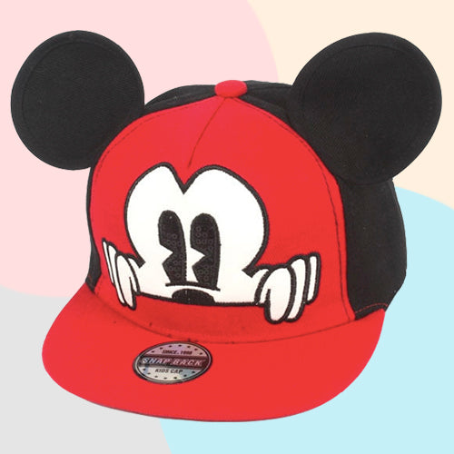 Mickey Mouse baseball hat in black or red for kids ages 18 months to 6 years. Choose an open or solid back.  Strap Type: Adjustable. Material: Cotton. Size: 19.68 - 21.25 inches ( 50cm-54cm).