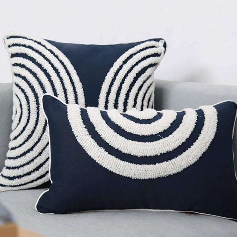 Transform your children's bedroom into a stylish, modern oasis with the navy blue semi circle pPillow cover! This soft, comfortable fabric features an embroidered pattern to add a hint of sophistication to any space. Get creative with the customizable color and shape options, and delight your little ones with a room they'll adore! Size: 17.71. x 17.71 inches (45cm x 45cm) Material: Cotton and Linen Technics: Woven Open: Zipper Solid color back Pillow insert (Filling) not included