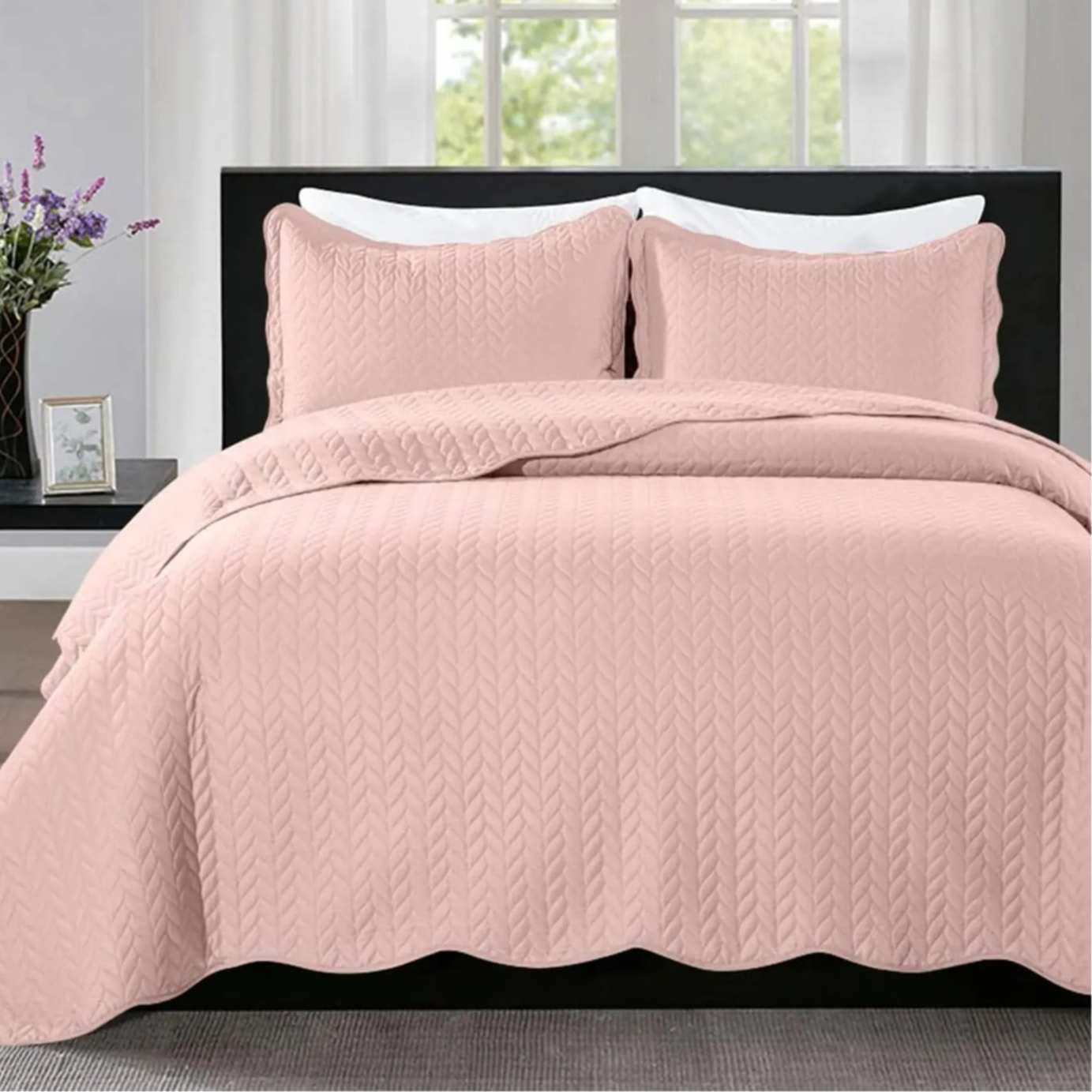 Enhance the look and feel of your kid's or teen's bedroom with this elegant peach pink quilt bedding set. Featuring embossed patterns, it adds a touch of sophistication to their space while creating a cozy and stylish atmosphere.