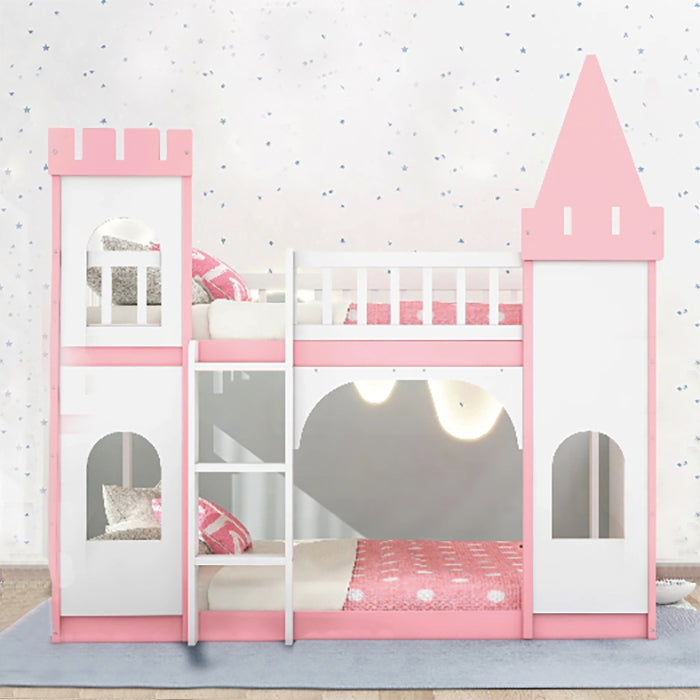 This pink castle bed is perfect for up-leveling your child's bedroom. Its delicate and gorgeous pattern design adds an artistic atmosphere to your home while providing a fun and safe environment for your child to explore their imagination. This bunk bed has guardrails and a safe ladder, so your little one can easily get in and out of bed.