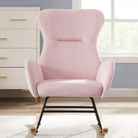 Experience gentle rocking while cuddled up in this cozy pink velvet rocking chair! Upholstered with soothing velvet fabric, it's the perfect addition for your little one's nursery - providing moments of relaxation and comfort. Dimensions: 25.9" x 25.9" x 37.8" H