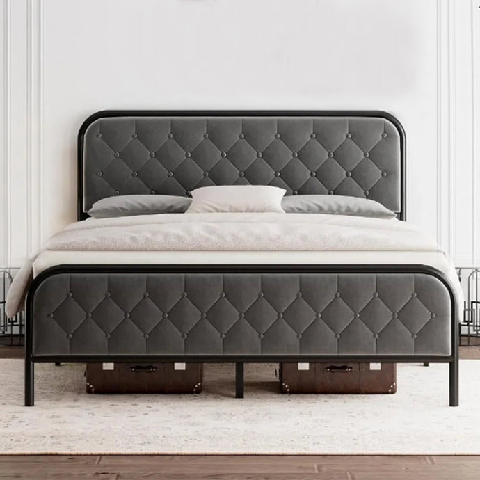 Get the perfect retro grey velvet bedframe for your kids bedroom, featuring a classic polyester diamond tufted headboard that is easy to clean. Available in twin, full, or queen sizes. Elevate the style and comfort of your child's bedroom with our retro grey velvet bedframe! 