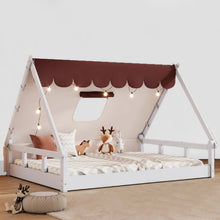 Load image into Gallery viewer, Introduce your child to the thrill of camping with this White and Burgundy Tent Floor Bed. Crafted with durable materials, this comfortable sleeping area is shaped like a tent and doubles as a play area, allowing your child to unleash their imagination.  Dimension: 78.7&quot;L x 57.5&quot;W x 55.5&quot;H Size: Full Material: Pine, plywood and linen Assembly is required, instructions and tools included Weight Capacity: 300 lbs. Recommended Mattress Thickness: 6&quot; Mattress not included
