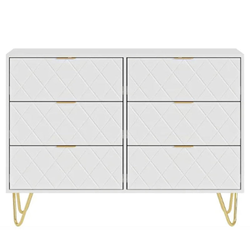 Modernize your kids' bedroom with this 4-drawer white dresser. Delicate metallic legs, luxurious gold pull handles, and a spacious design make it versatile for any decor. The easy-to-clean cabinet and smooth drawers with slide rails and handles make daily use a breeze. Plus, the dresser comes with hardware to keep it securely in place.