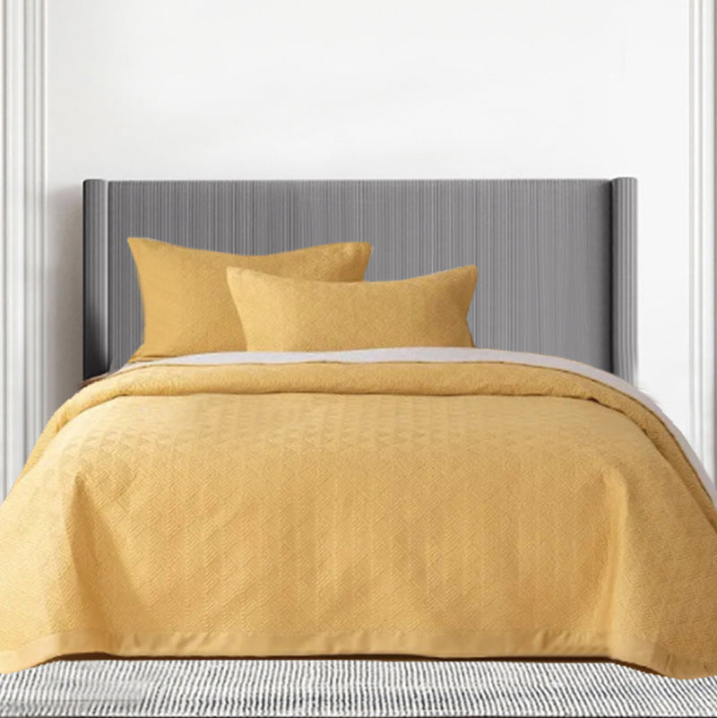 Enhance the comfort and style of your child's bedroom with our premium yellow Tencel queen bedspread set. The silky, soft touch of the Tencel fabric creates a cozy and inviting sleep environment for your queen size bed. This 3-piece set is the perfect addition for a luxurious experience.  Quilt (Bedspreads): 96 x 98 inches (245 x 250 cm) Pillowcases/Pillow shams: 19 x 29 inches (48 x74 cm)