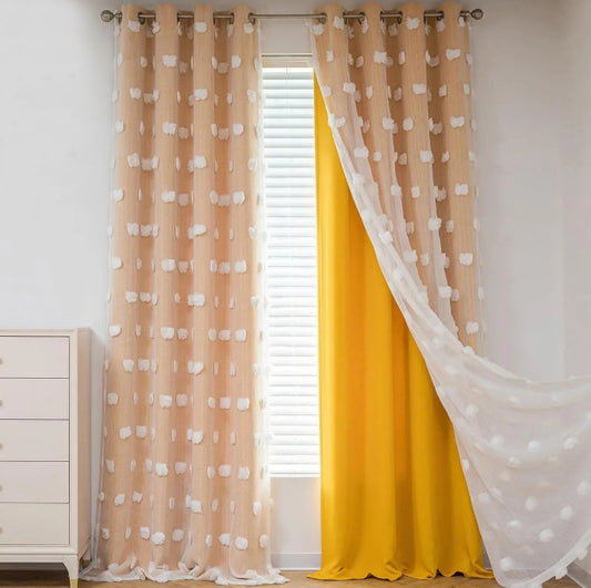 Brighten up your child's bedroom or playroom with our Yellow Pompom Double Layer Curtain. The playful pompom design adds a touch of whimsy to any room. Our curtains provide a light and airy feel, perfect for softening the ambiance of your home. Upgrade your kid's decor with this unique window treatment!