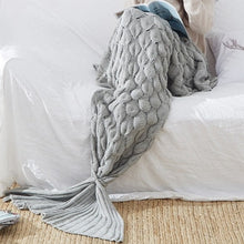 Load image into Gallery viewer, Escape to an underwater adventure with our knitted mermaid blanket – available in multiple colors! Perfect for kids and grown-ups alike, this cool, knitted tail blanket is made with 100% Acrylic and is designed to be anti-pilling. Get ready to dive deep with this cozy, underwater adventure wrap! #DreamOfTheSea   Sizes: 23.62 x 55.11 inches (60cm x 140cm) 35.43 x 76.77 inches (90cm x 195cm)
