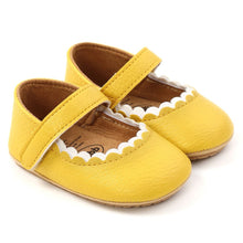 Load image into Gallery viewer, These adorable bowknot baby shoes come in multiple colors, making them an ideal choice for your little girl. Perfect for newborns through 18 months, the soft material and flexible soles are designed for comfort and durability. Upper Material: PU Leather. Outsole Material: Rubber. Fashion Element: Butterfly-knot. Closure Type: Hook &amp; Loop. 
