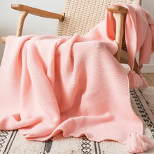 Load image into Gallery viewer, Bring the warmth of cozy comfort into your kid&#39;s bedroom with this soft, pink knitted throw blanket! Crafted from light weight material, your little one can snuggle up in luxurious softness for a better night&#39;s sleep.  Size: 50 x 62 inches (130cm x 160cm). Material: 100% high quality acrylic.  Machine wash colors separately wash in cold water, gentle cycle, tumble dry low, low iron.
